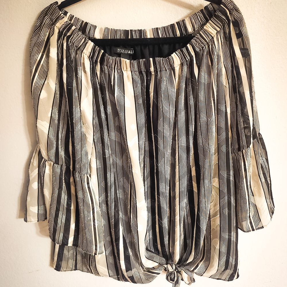 Roz & Ali Off Shoulder Blouse 3X Black Cream Striped Tie Front Boho Peasant Top